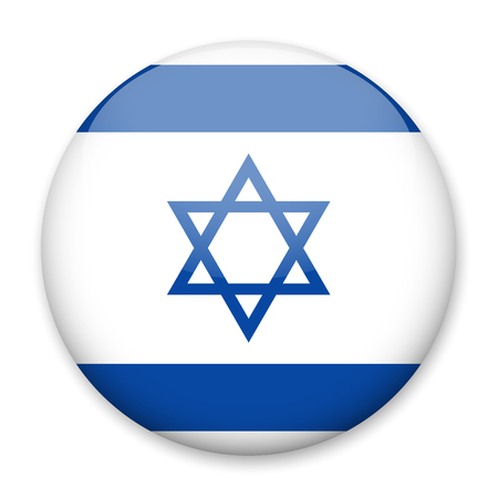 Flag of Israel in the form of a round button with a light glare and a shadow. The symbol of Independence Day, a souvenir, a button for switching the language on the site, an icon.のイラスト素材