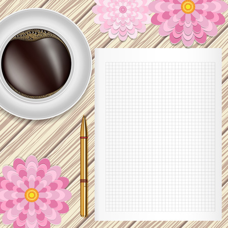 Cup of coffee, flowers, pen and paper on a wooden table. Greeting floral card. Vector flat lay design.のイラスト素材