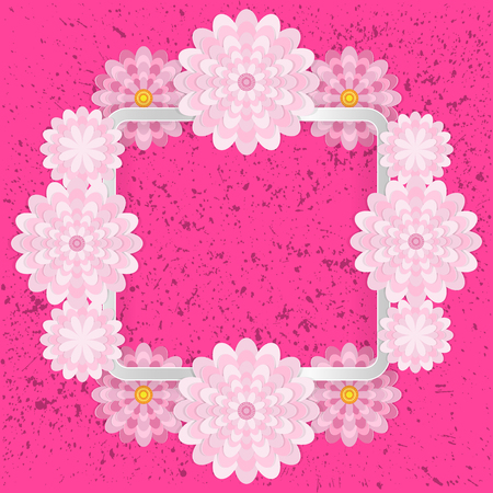 Spring congratulatory floral background. Festive paper flowers on a square light frame. Grunge bright pink background.のイラスト素材