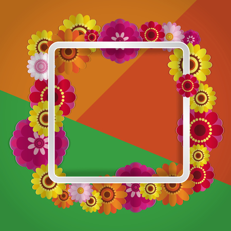 Spring congratulatory floral background. Festive paper flowers on a square light frame.のイラスト素材