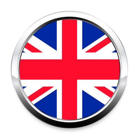 Button Flag of Great Britain in a round metal chrome frame with a shadow. The symbol of Independence Day, a souvenir, a button for switching the language on the site, an icon.のイラスト素材