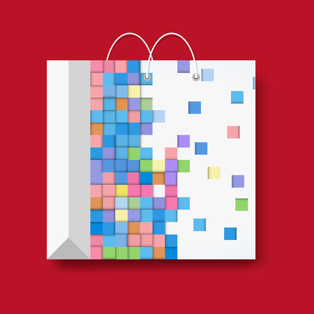 Shopping paper bag, vector marketing symbol isolated on a red background.のイラスト素材