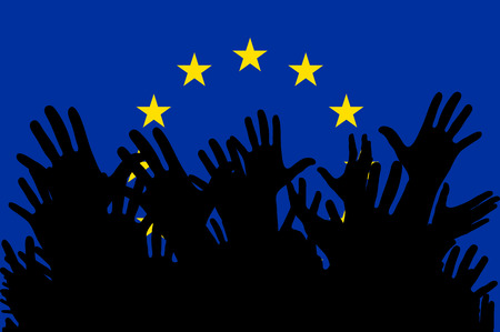 Hands up silhouettes on a European Union flag.のイラスト素材