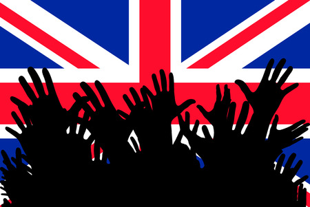 Hands up silhouettes on a Great Britain flag.のイラスト素材