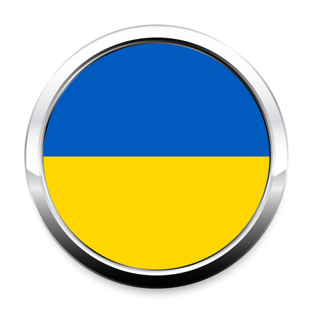 Button Flag of Ukraine in a round metal chrome frame with a shadow. The symbol of Independence Day, a souvenir, a button for switching the language on the site, an icon.のイラスト素材