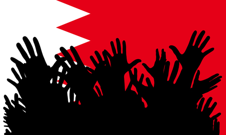 Hands up silhouettes on a Bahrain flag. Crowd of fans of soccer, games, cheerful people at a party. Vector banner, card, poster.のイラスト素材