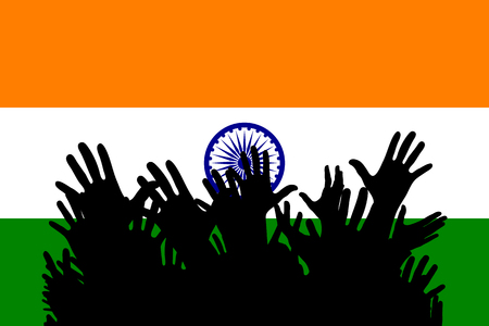 Hands up silhouettes on a India flag. Crowd of fans of soccer, games, cheerful people at a party. Vector banner, card, poster.のイラスト素材