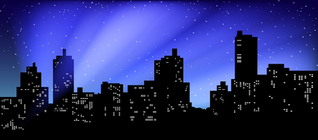 Black silhouette of cityscape. The beams of searchlights in the night sky.のイラスト素材
