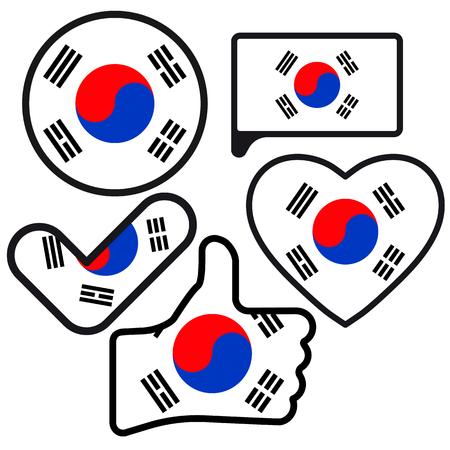 Flag of South Korea in the shape of Button, Heart, Like, Check mark, flat style, symbol of love for his country, patriotism, icon for Independence Day.のイラスト素材
