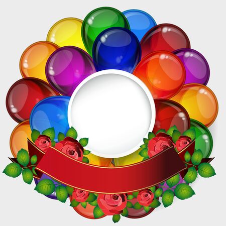 Birthday party vector background - colorful festive balloons, flowers of roses, ribbons flying for celebrations card in isolated white background with space for you text.のイラスト素材