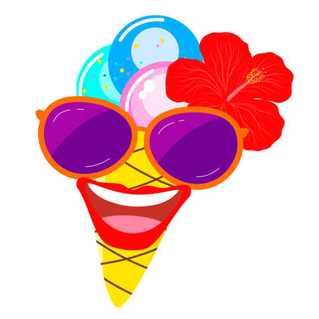 Cheerful ice cream cone in sunglasses with a hibiscus flower and a joyful smile.のイラスト素材