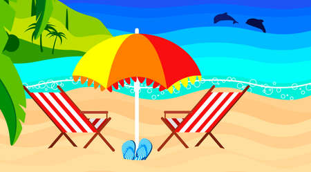 Seascape: sandy beach, beach umbrella, dolphins in the ocean, palm leaves, lighthouse on the cape, summer sky.のイラスト素材