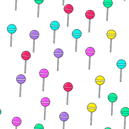 Colorful lollipop seamless pattern on white background. Paper print design. Abstract retro vector illustration. Trendy textile, fabric, wrapping. Modern space decoration.のイラスト素材