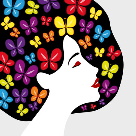 beautiful woman profile. Beauty face with multicolored butterflies hair, red lips. Vector illustration with place for your text.のイラスト素材