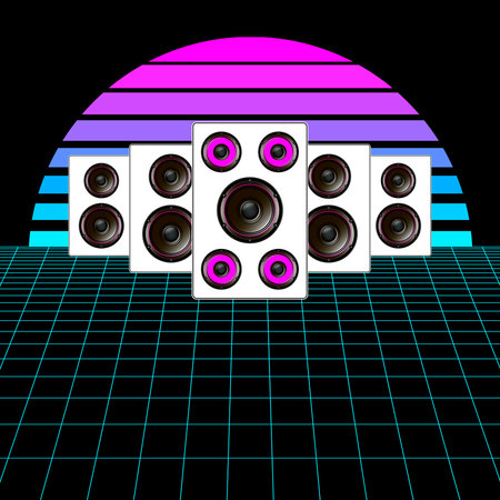 Synthwave, vaporwave, retrowave 80s neon landscape, gradient colored sunset with speakers on black...