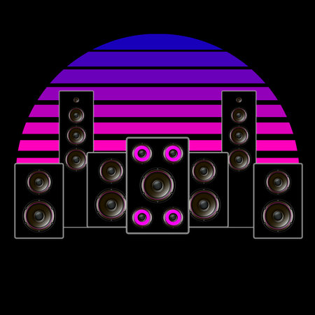 Synthwave, vaporwave, retrowave 80s neon landscape, gradient colored sunset with speakers on black...