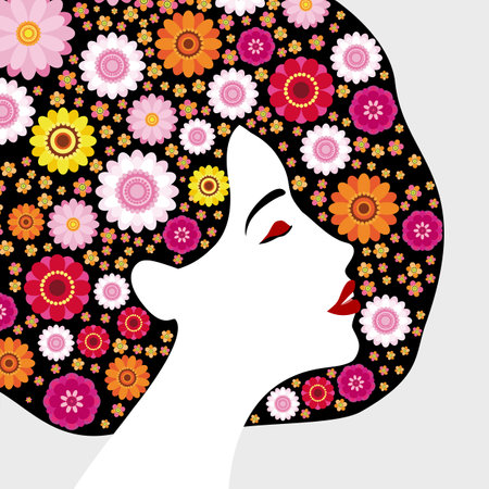 beautiful woman profile. Beauty face with multicolored floral hair made of colorful flowers, red lips. Vector illustration with place for your text.のイラスト素材