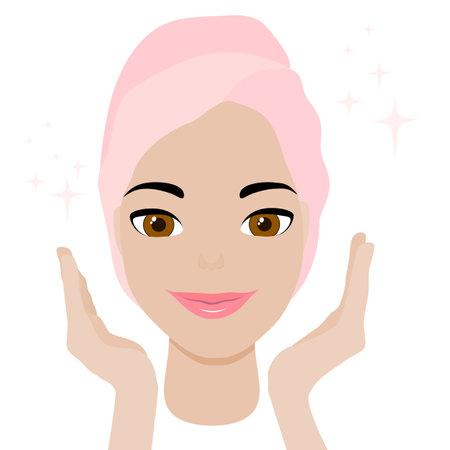 Face of a beauty young smiling woman in a towel turban, beautiful fashionable happy cute girl, isolated vector portraitのイラスト素材