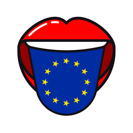 European Union language tongue with flag EU open woman smile mouth flat iconのイラスト素材