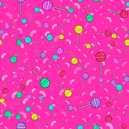 Colorful lollipop seamless pattern on white background. Paper print design. Abstract retro vector illustration. Trendy textile, fabric, wrapping. Modern space decoration.のイラスト素材