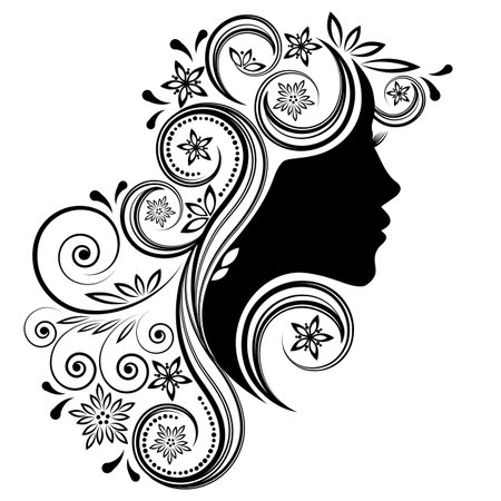 Beautiful woman profile silhouettes with elegant hairstyle, vector young female face design, beauty girl head with styled hair, fashion lady graphic portrait.&#xA;のイラスト素材