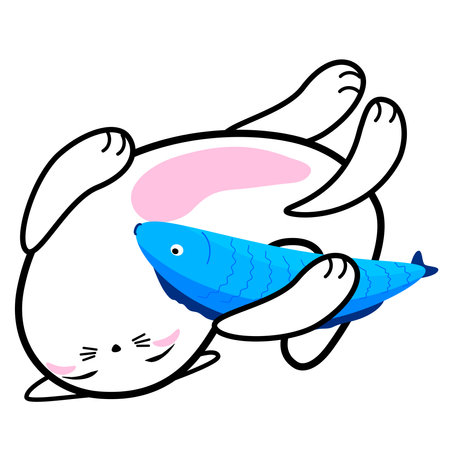 Cute sleeping cat with a fish, hand drawn paisley shape, doodle cartoon collectionのイラスト素材