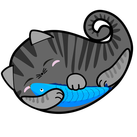 Cute sleeping cat with a fish, hand drawn paisley shape, doodle cartoon collectionのイラスト素材