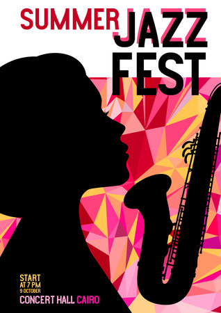 Jazz festival poster with saxophone, triangle polygon background, music media banner with the words summer jazz festival. Vector illustration digital design.のイラスト素材