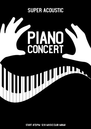 Music keyboard, pianist's hands, festival poster, media banner with the words Piano concert, super acoustic. Vector illustration digital design.のイラスト素材