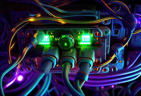 futuristic background with neon lights and electronic components, ai generationの素材