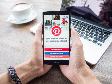 CHIANG MAI,THAILAND - MAY 5,2016 : LG G4 with social Internet service Pinterest on the screen. Pinterest is an online pinboard that allows people to pin their interesting things.のeditorial素材