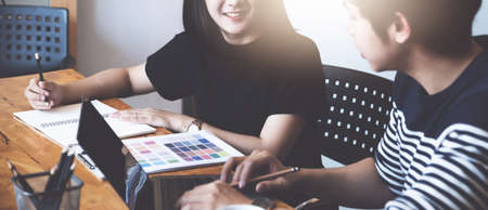 Young creative managers crew working with new startup project and brainstorming with generic design....
