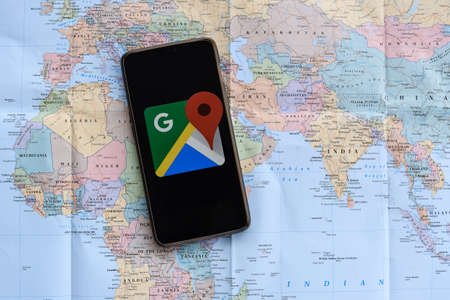 CHIANG MAI,THAILAND - MAY 31 2021 : Google Maps for Mobile was released. Its location service can work with or without a GPS receiver. Build for Android and iOS.のeditorial素材