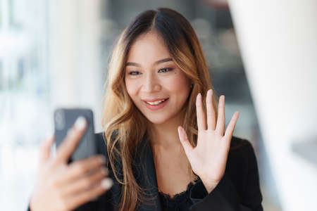 Businesswoman, teacher or mentor coach speaking to customer about financing by video call. Finance concept.の写真素材