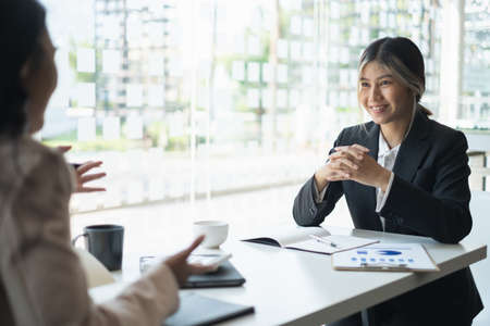 During a job interview, HR managers look for a good new employee. Manager have positive first impression of candidate.の写真素材