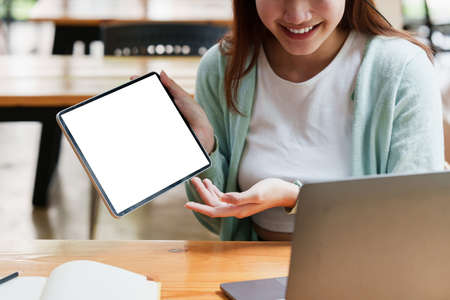 Smiling Asian attentive student studying online class. e-learning education concept.