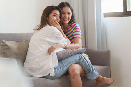 Young Asian Women LGBT lesbian couple love moments happiness at bedroom. LGBTQ or Gay and pride concpet.の写真素材