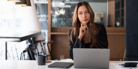 Portrait of Frustrated Business woman have problem while sitting at her working place. Business...