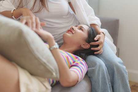 Young Asian Women LGBT lesbian couple love moments happiness at bedroom. LGBTQ or Gay and pride concpet.の写真素材