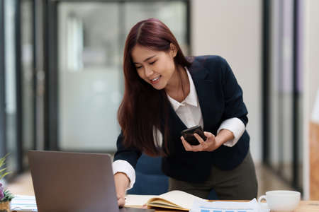 Business woman making business video call talking on laptop. Account and Finance conceptの写真素材