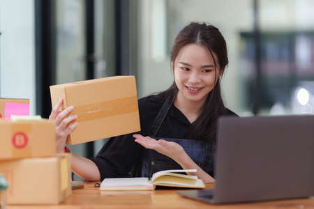 Portrait of modern Asian SME business woman entrepreneur at home officeの写真素材