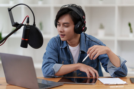 Asian podcaster making audio podcast working at home studioの写真素材