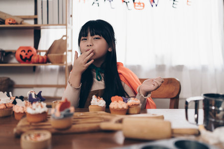 Young girl at Halloween making treats and cupcake on table. Happy Halloween dayの写真素材