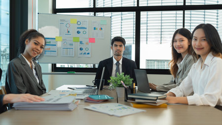 Analytics intelligence concept. Group of business people discuss current financial and economic on...