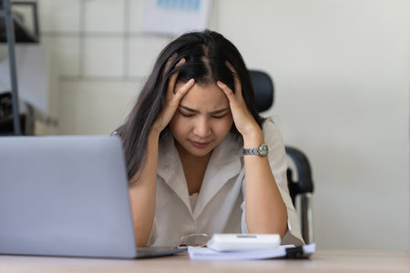 Asian business woman worry about marketing plan of this years. Account, Real Estate Agent, Finance...