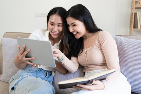 Two Young woman cheering together for sport on TV in cozy living room at home