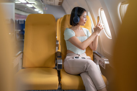 Joyful asian woman sits in the airplane and using tablet while go to travel