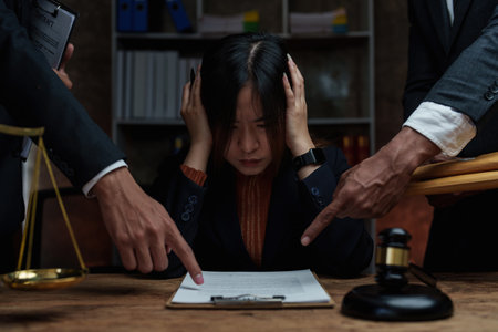 Stressed business woman while sign contract. Law, legal services, advice, Justice concept