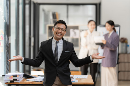 Group of business consultant working management big data and analyze financial document of companyの写真素材