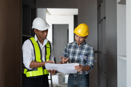 Architect team working with blueprints for architectural plan, engineer sketching a construction project, green energy conceptの写真素材
